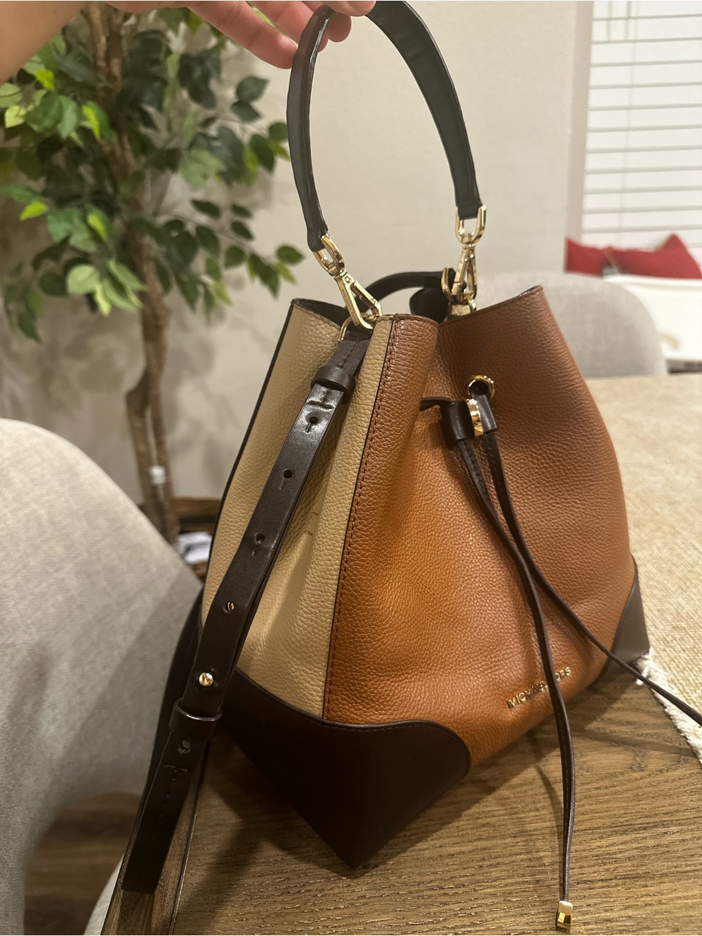 Michael Kors Brown and Tan Pebbled Leather Drawstring Shoulder Bag - Picture 3 of 16